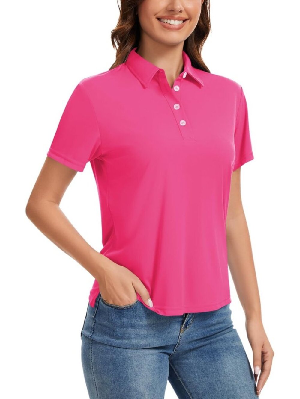 Women's Charity Pink 4 Buttons UPF 50+ Short Sleeve Shirt Collared Quick Dry Top